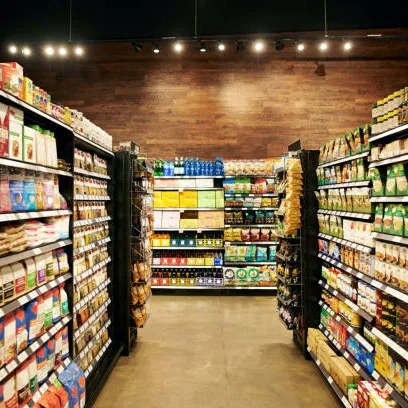 Corredor de supermercado com prateleiras cheias de produtos